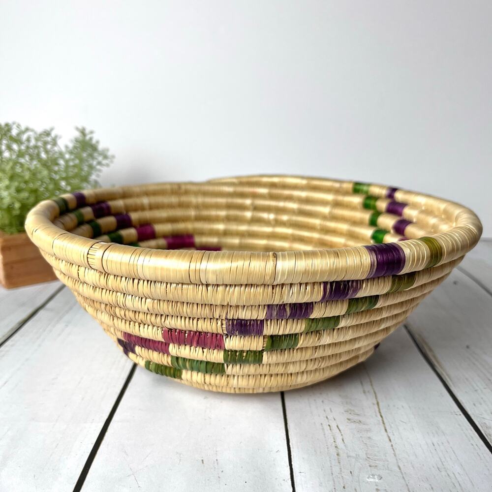 Vintage Handwoven Coiled Basket Geometric Pattern Southwestern Style Seagrass